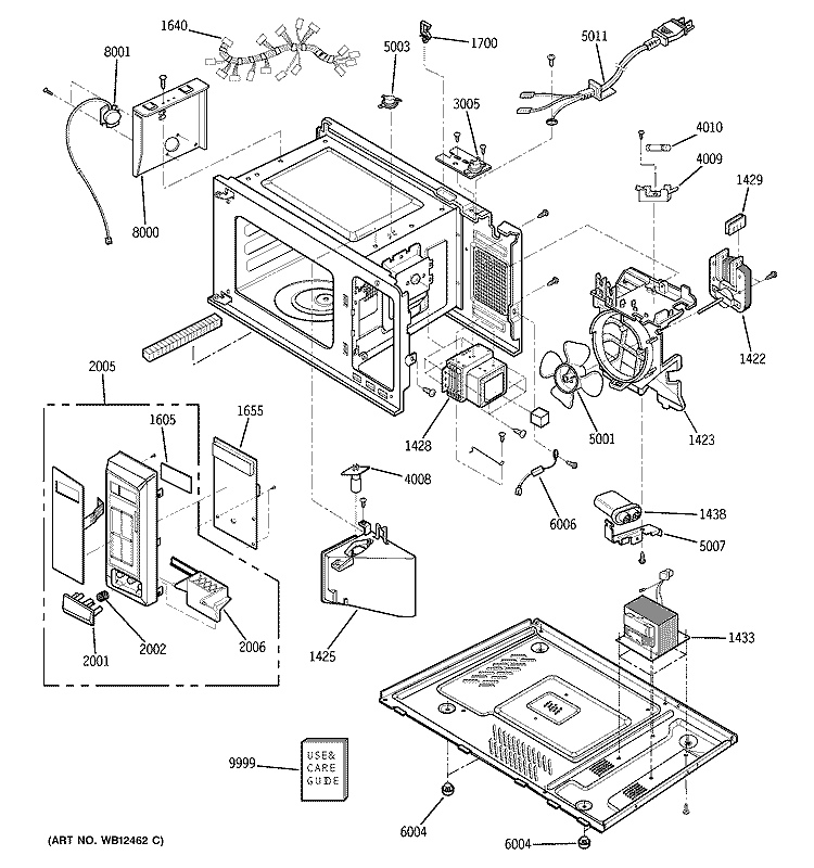 CONTROL PANEL, BODY, BASE PLATE & SENSOR PARTS Diagram and Parts List for JE1460WF001  General Electric Microwave