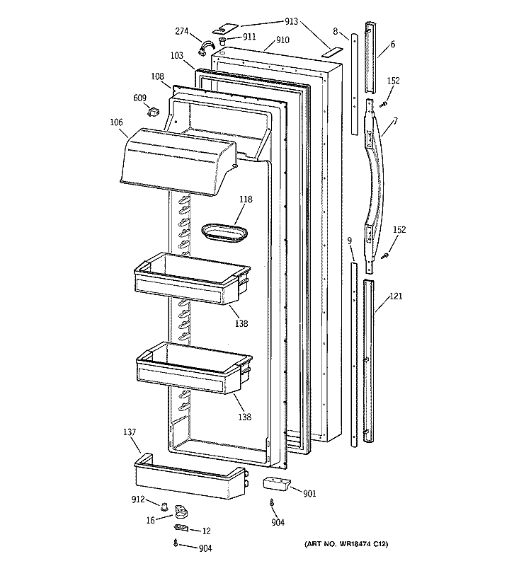 FRESH FOOD DOOR Diagram and Parts List for TFK30PRDBWW  General Electric Refrigerator