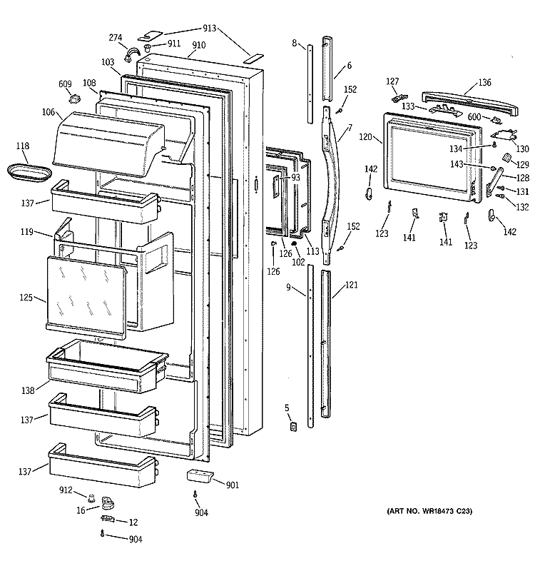 FRESH FOOD DOOR Diagram and Parts List for TFJ28PFDAAA  General Electric Refrigerator