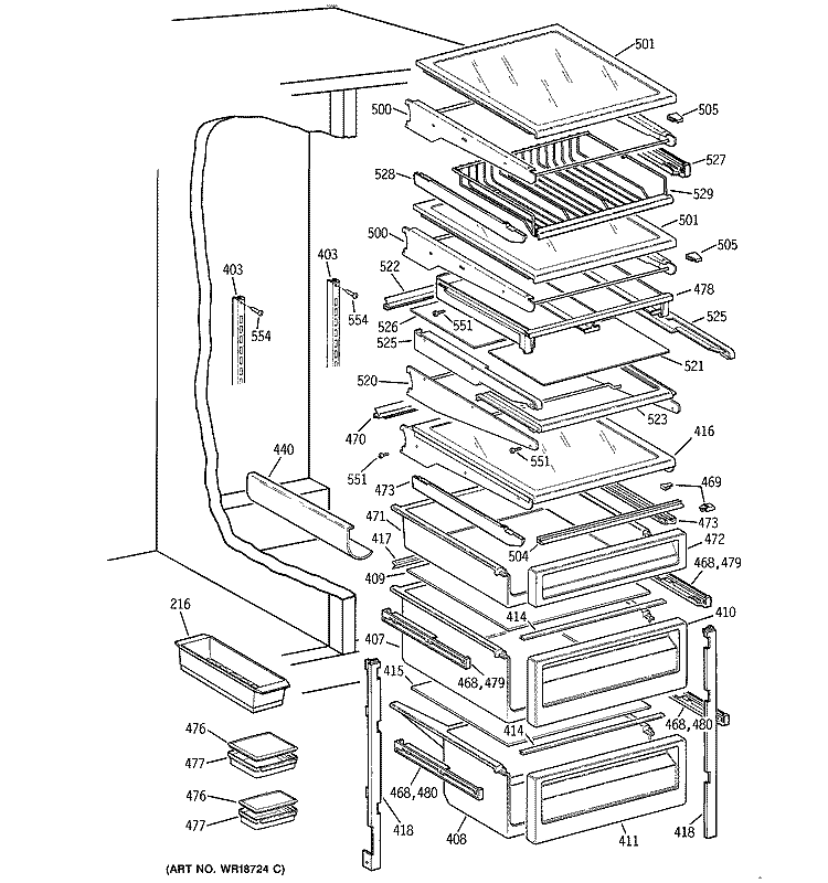 FRESH FOOD SHELVES Diagram and Parts List for TFK30PFDBWW  General Electric Refrigerator
