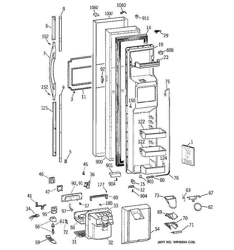 FREEZER DOOR Diagram and Parts List for TFG28PFDABS  General Electric Refrigerator
