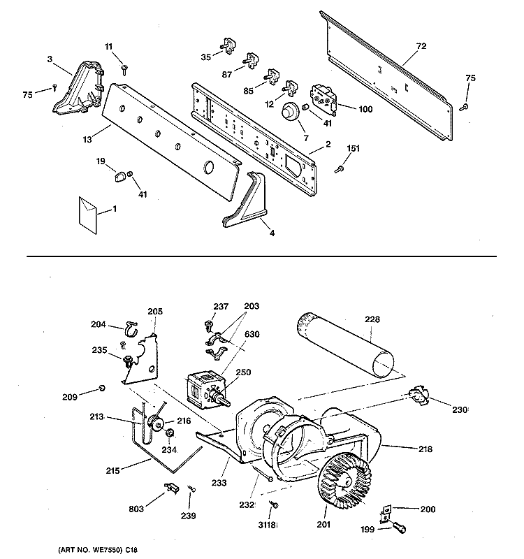 BACKSPLASH, BLOWER AND DRIVE ASSEMBLY Diagram and Parts List for DPSR473GV0WW  General Electric Dryer