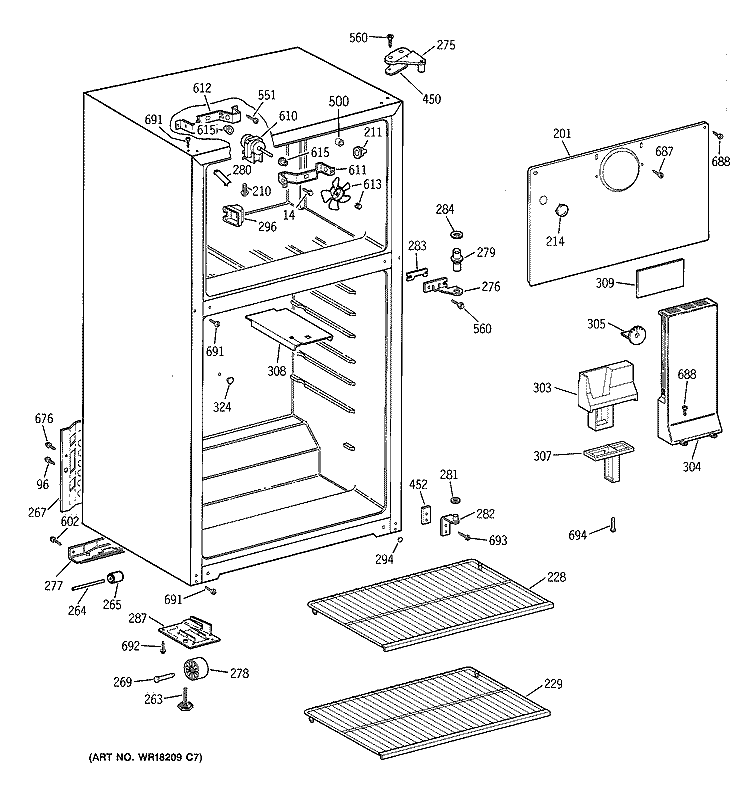 CABINET Diagram and Parts List for HTR18ABMDRWW  Hotpoint Refrigerator
