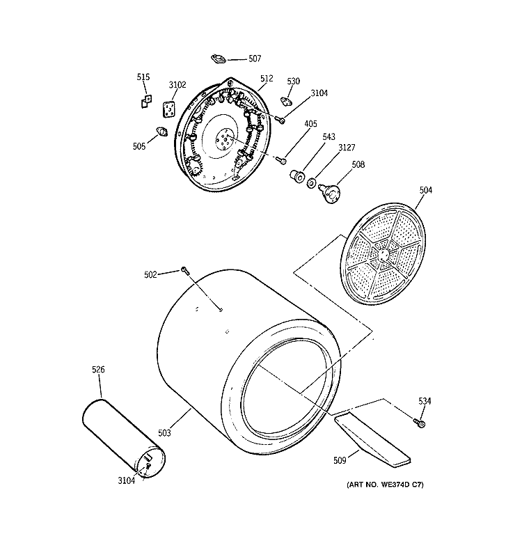 DRUM Diagram and Parts List for NWXR473GT5WB  Hotpoint Dryer