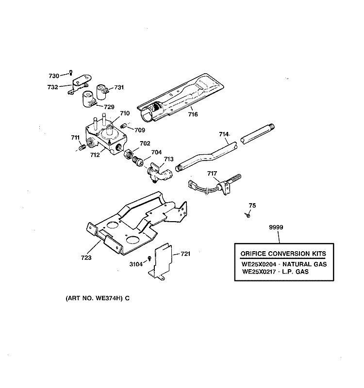 GAS VALVE & BURNER ASSEMBLY Diagram and Parts List for NKXR473GT5WW  Hotpoint Dryer