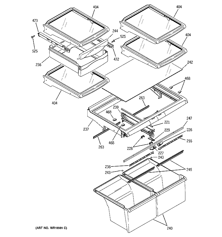 FRESH FOOD SHELVES Diagram and Parts List for GTS22QBMBRBB  General Electric Refrigerator