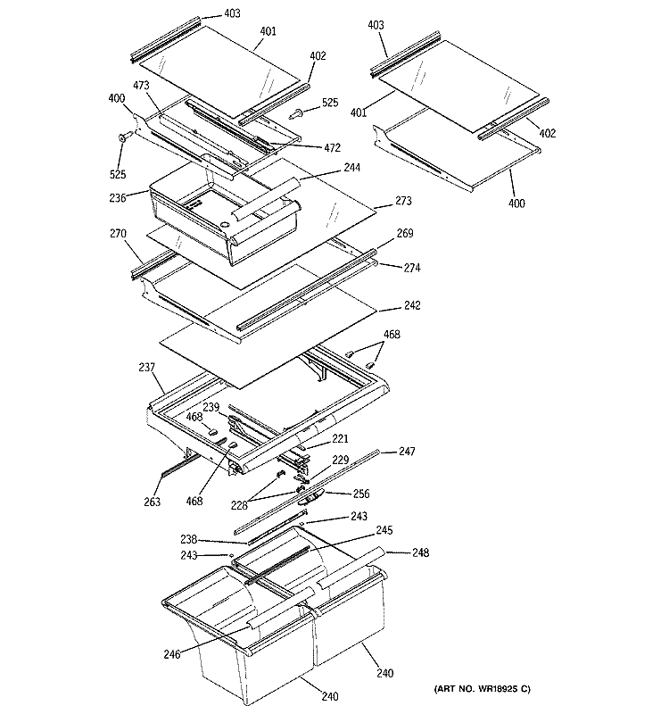 FRESH FOOD SHELVES Diagram and Parts List for GTS22ICMBRWW  General Electric Refrigerator