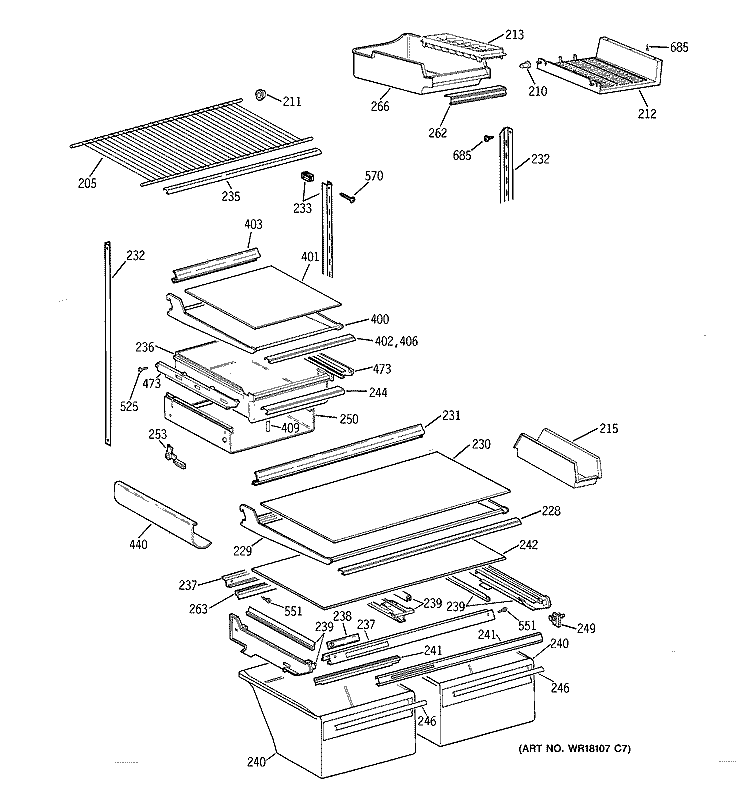 SHELF PARTS Diagram and Parts List for TBE19PASRRWW  General Electric Refrigerator