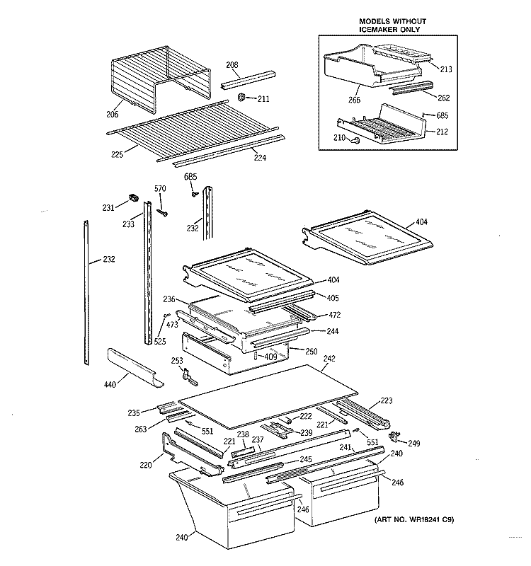 SHELF PARTS Diagram and Parts List for TBK25PAXGRAA  General Electric Refrigerator