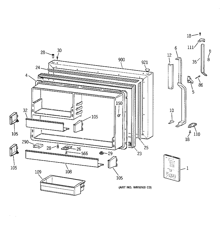 FREEZER DOOR Diagram and Parts List for TBE22PATMRWW  General Electric Refrigerator