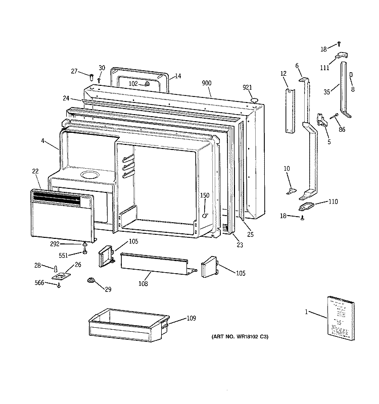 FREEZER DOOR Diagram and Parts List for TBE22PCSRRWW  General Electric Refrigerator