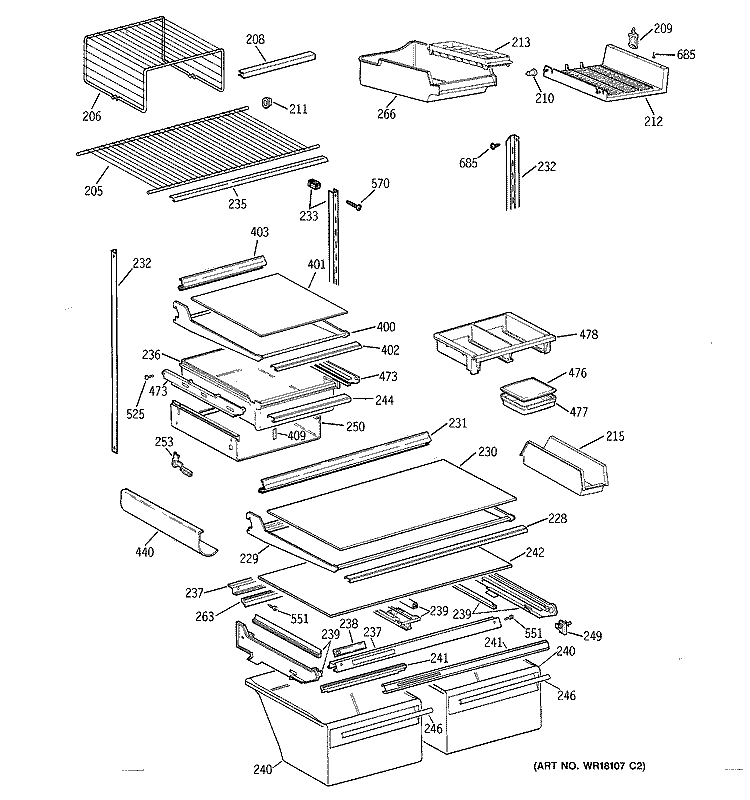 SHELF PARTS Diagram and Parts List for TBH22PASNRAA  General Electric Refrigerator