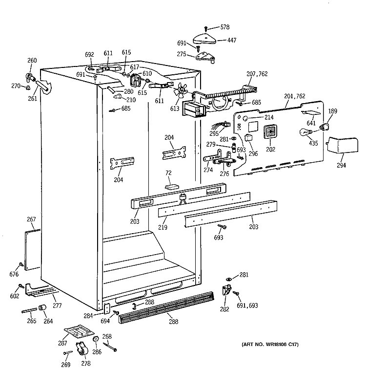 CABINET PARTS Diagram and Parts List for TBT25PAXBRWW  General Electric Refrigerator