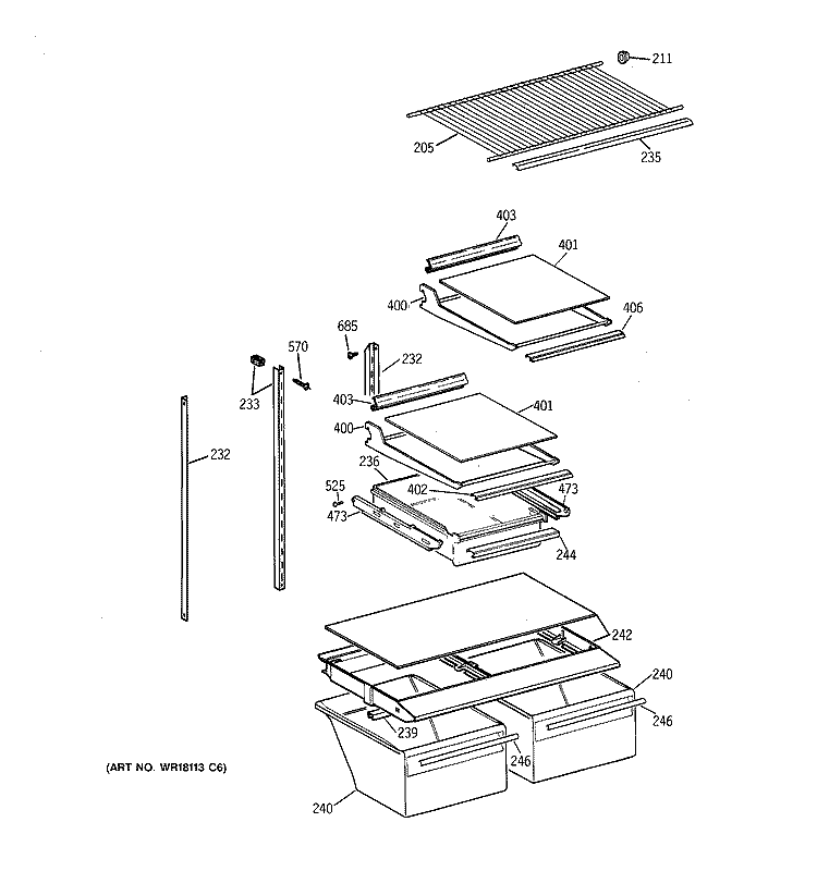 SHELF PARTS Diagram and Parts List for TBX18CIXARWW  General Electric Refrigerator