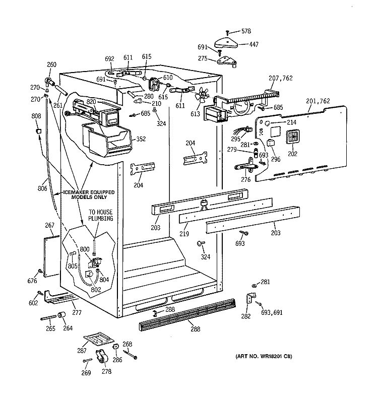 CABINET PARTS Diagram and Parts List for TBX21ZIXDRAA  General Electric Refrigerator