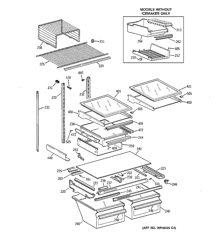 SHELF PARTS Diagram and Parts List for TBX22PAYMRBB  General Electric Refrigerator