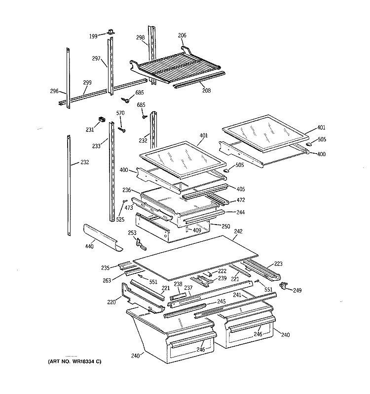 SHELF PARTS Diagram and Parts List for TBX22PRYGLWW  General Electric Refrigerator
