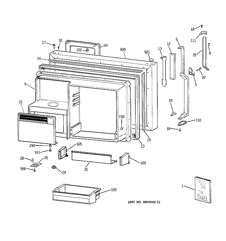 FREEZER DOOR Diagram and Parts List for TBX25PCSKRAA  General Electric Refrigerator