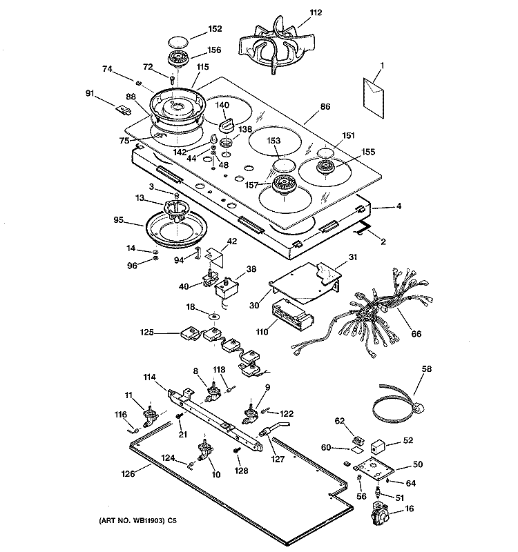 CONTROLS, COOKTOP & BURNER Diagram and Parts List for JGP656BB1BB  General Electric Cooktop