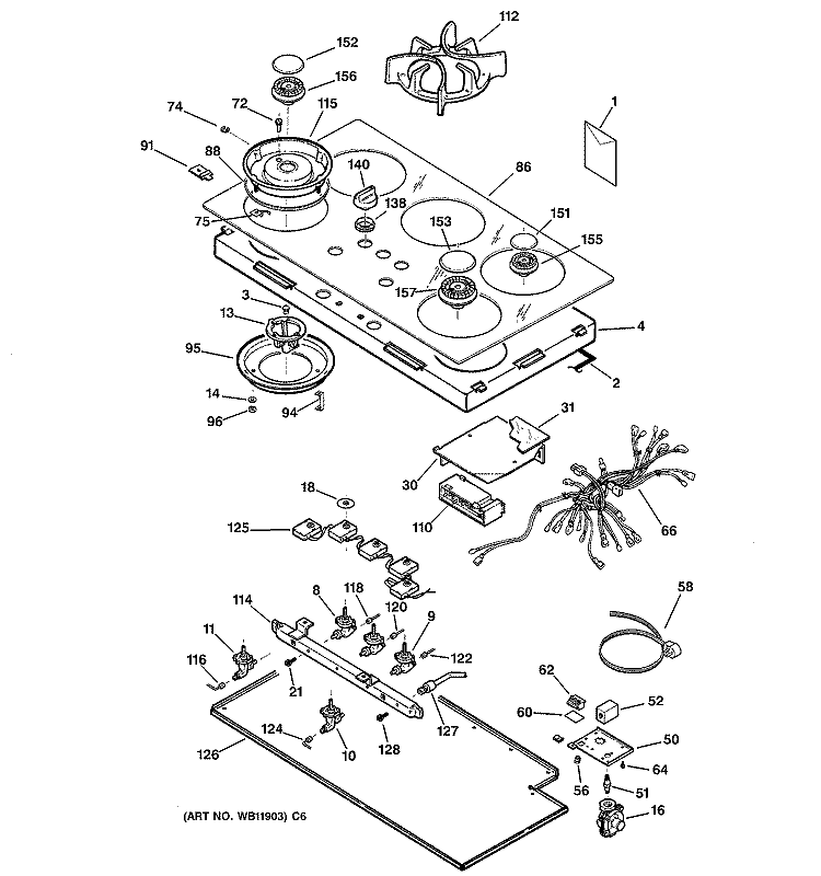 COOKTOP Diagram and Parts List for ZGU3650WB1WG  General Electric Cooktop