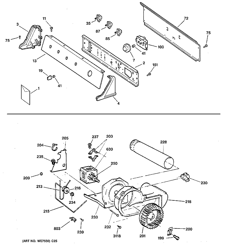 BACKSPLASH, BLOWER & MOTOR ASSEMBLY Diagram and Parts List for DNSR473GV0WW  General Electric Dryer