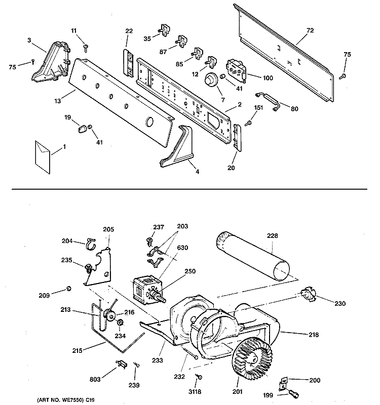 BACKSPLASH, BLOWER & MOTOR ASSEMBLY Diagram and Parts List for DCSR473ET6AA  General Electric Dryer