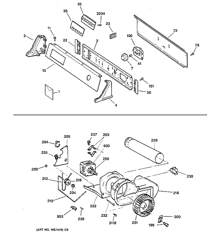 BACKSPLASH, BLOWER & MOTOR ASSEMBLY Diagram and Parts List for DPSF495GV0AA  General Electric Dryer