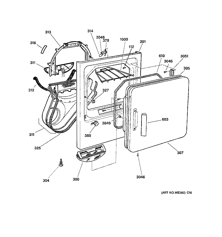 FRONT PANEL & DOOR Diagram and Parts List for DPSQ495GT6WW  General Electric Dryer