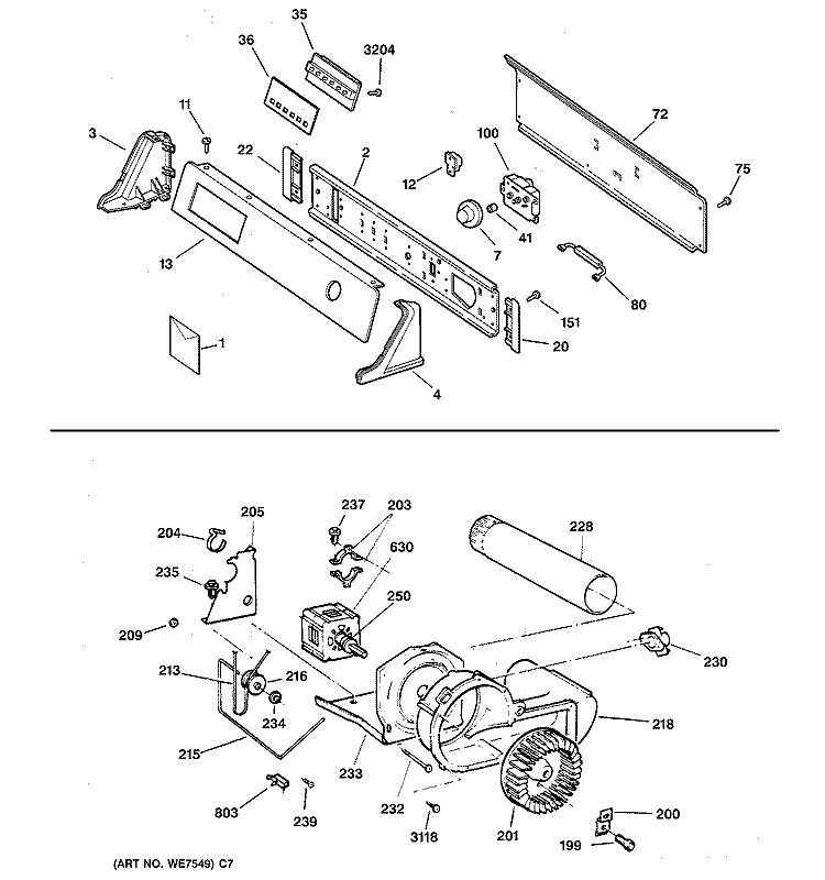 BACKSPLASH, BLOWER & MOTOR ASSEMBLY Diagram and Parts List for DPXQ473ET5WW  General Electric Dryer