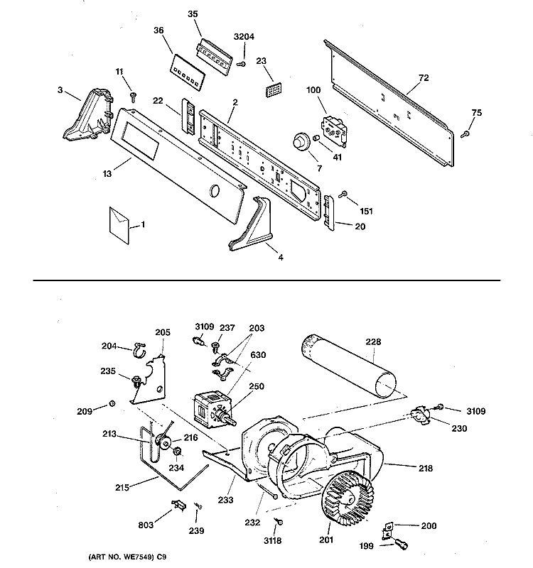 BACKSPLASH, BLOWER & MOTOR ASSEMBLY Diagram and Parts List for DPSQ495ET6WW  General Electric Dryer