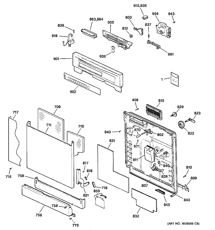 ESCUTCHEON & DOOR ASSEMBLY Diagram and Parts List for EDW3000G00CC  General Electric Dishwasher