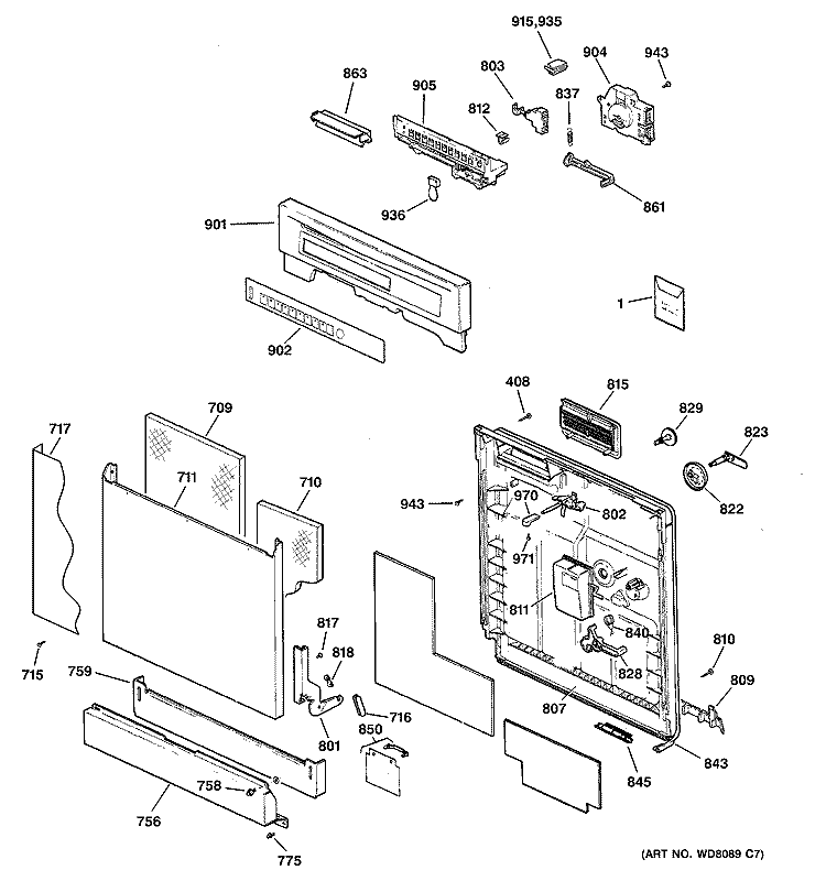 ESCUTCHEON & DOOR ASSEMBLY Diagram and Parts List for GSD5300G00CC  General Electric Dishwasher