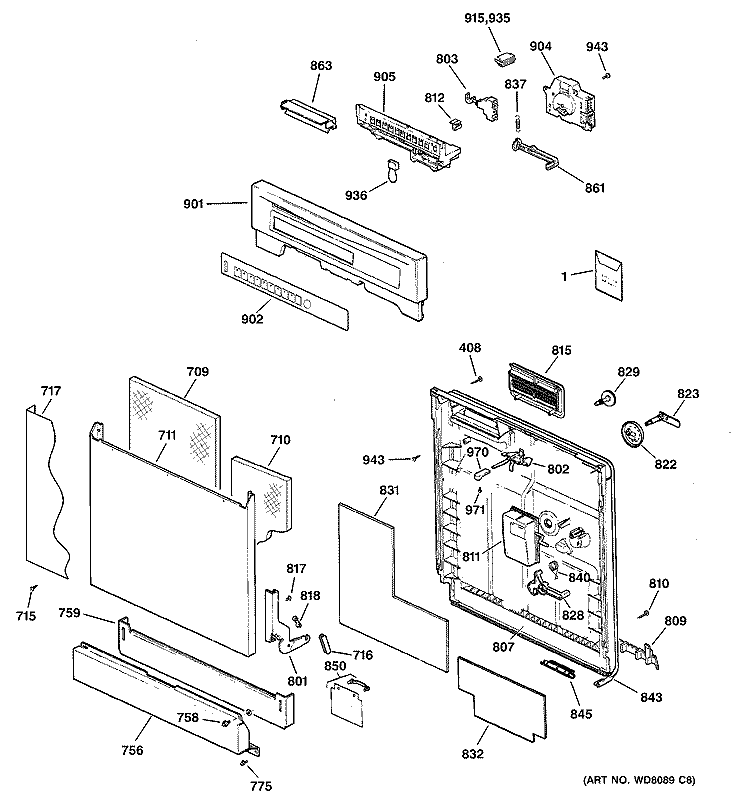 ESCUTCHEON & DOOR ASSEMBLY Diagram and Parts List for GSD5800G00CC  General Electric Dishwasher