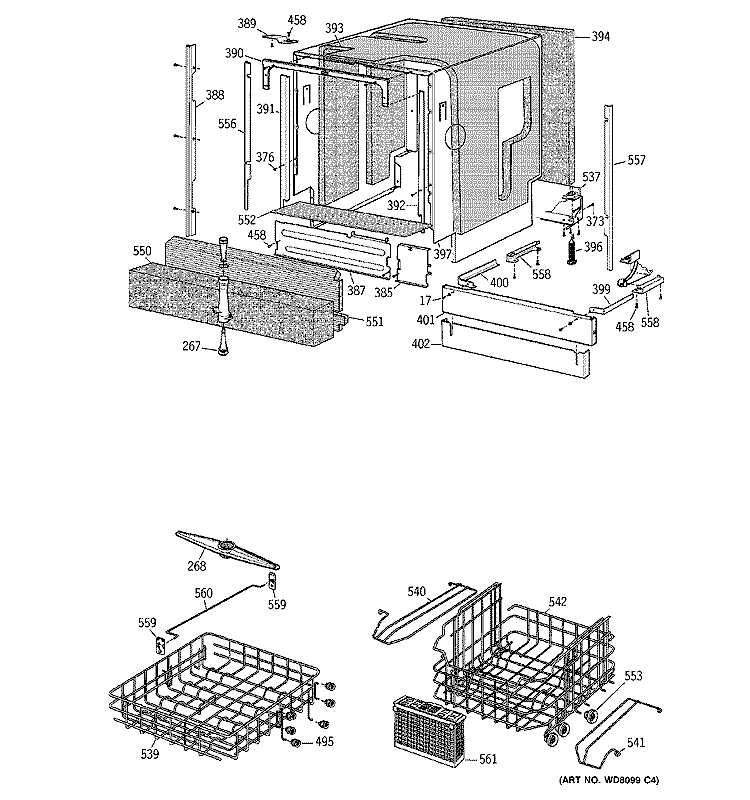 BASKET & WRAP ASSEMBLY Diagram and Parts List for ZBD6605G00SS  General Electric Dishwasher
