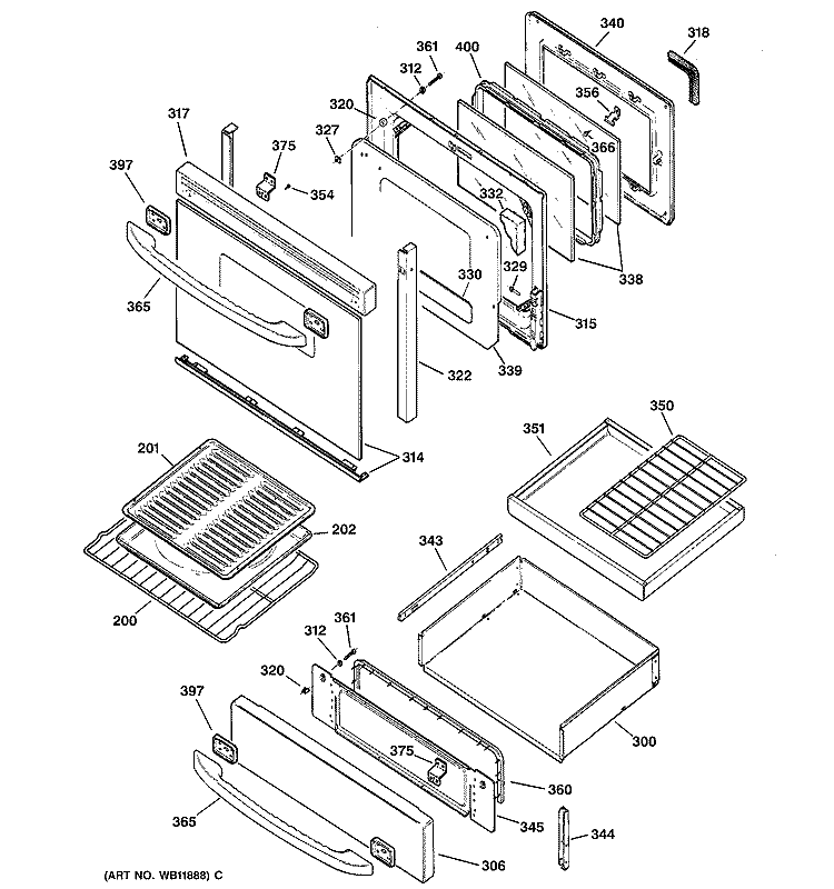 DOOR & DRAWER PARTS Diagram and Parts List for JGB920SEC1SS  General Electric Range