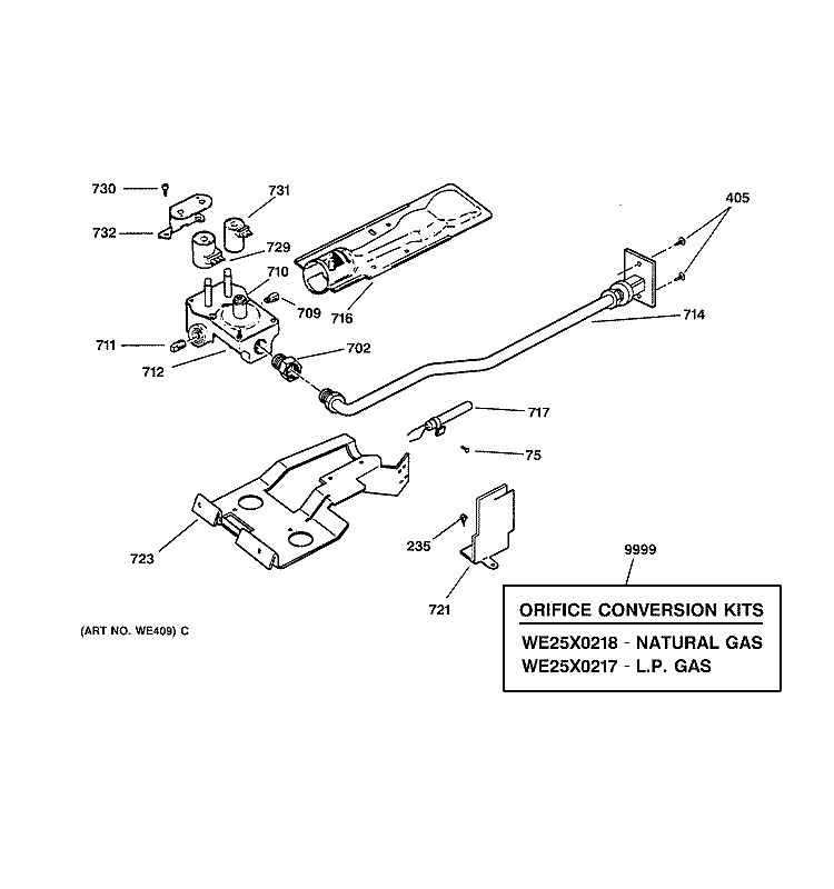 GAS VALVE & BURNER ASSEMBLY Diagram and Parts List for DPSR405GA1AA  General Electric Dryer