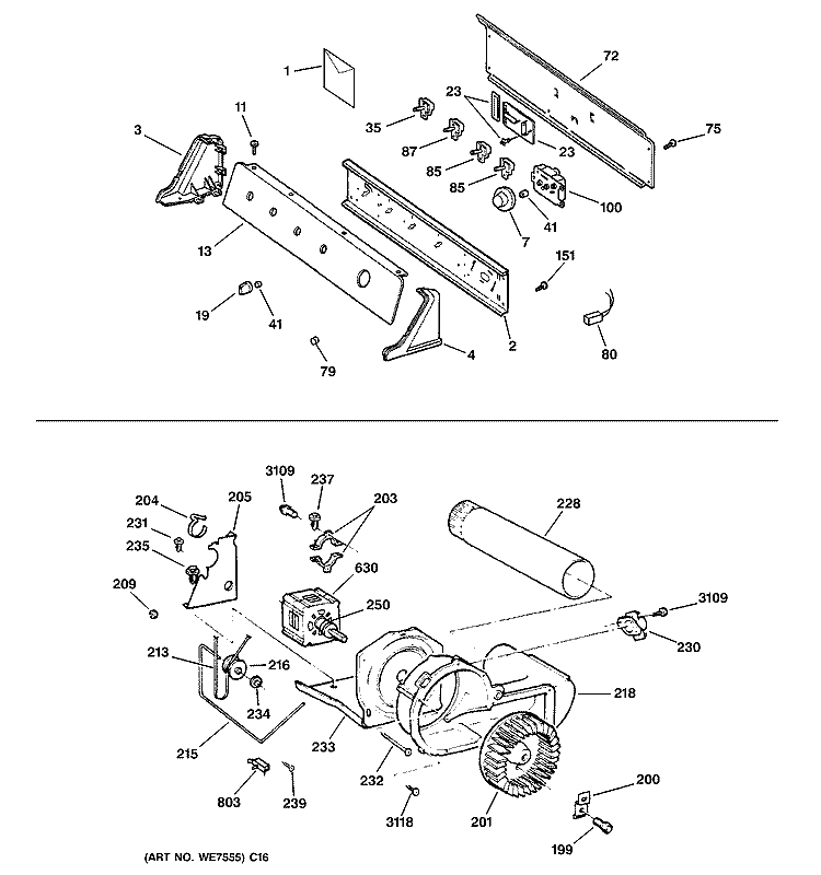 BACKSPLASH, BLOWER & MOTOR ASSEMBLY Diagram and Parts List for DPSR405GA2AA  General Electric Dryer
