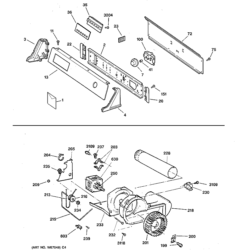 BACKSPLASH, BLOWER & MOTOR ASSEMBLY Diagram and Parts List for DPSF495EV0WW  General Electric Dryer