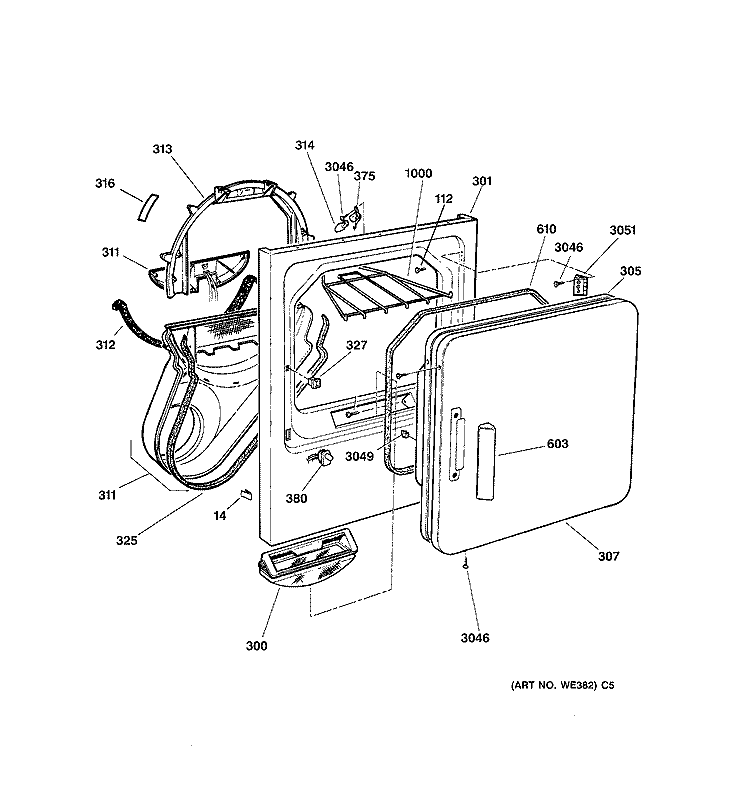 FRONT PANEL & DOOR Diagram and Parts List for DPSF495EV0WW  General Electric Dryer