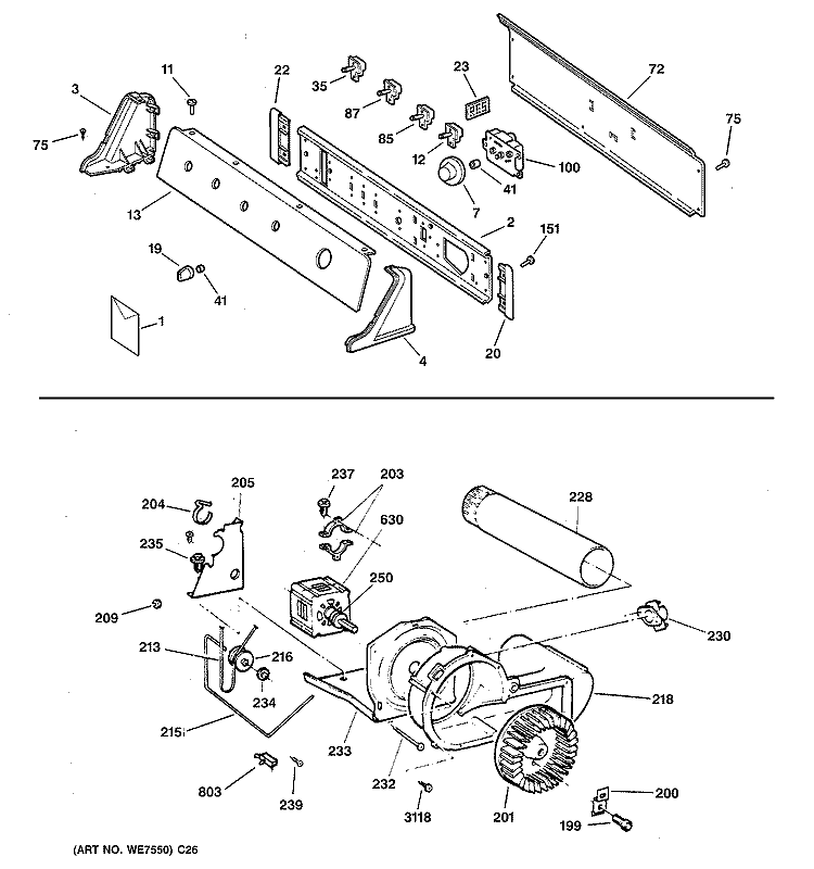 BACKSPLASH, BLOWER & MOTOR ASSEMBLY Diagram and Parts List for DDSR475ET4AA  General Electric Dryer