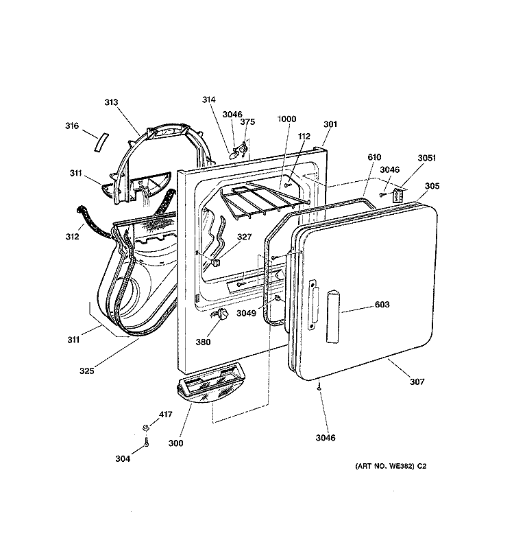 FRONT PANEL & DOOR Diagram and Parts List for DDSR475GT5WW  General Electric Dryer