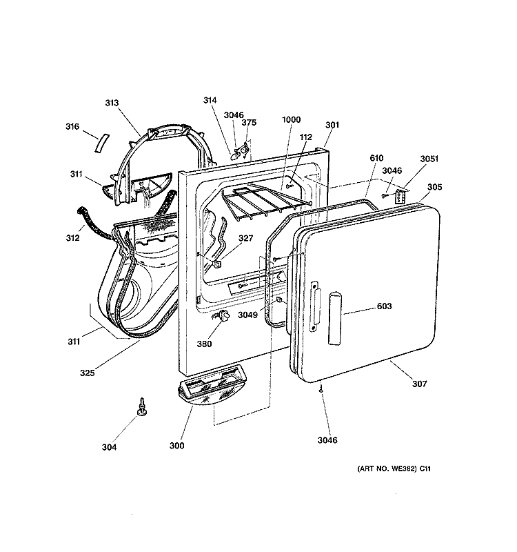FRONT PANEL & DOOR Diagram and Parts List for DPSQ475GT5WW  General Electric Dryer