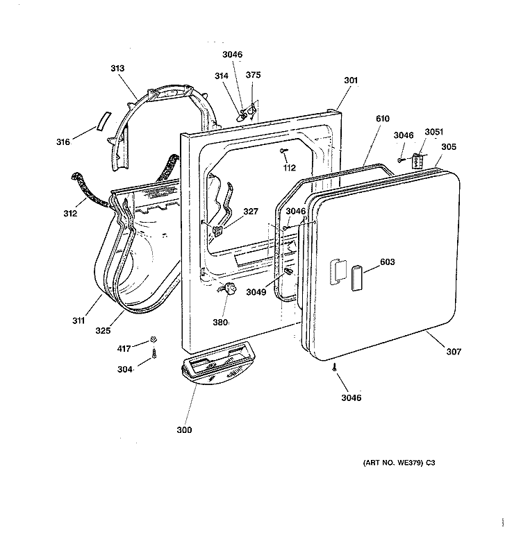 FRONT PANEL & DOOR Diagram and Parts List for DPXQ473GT5WW  General Electric Dryer