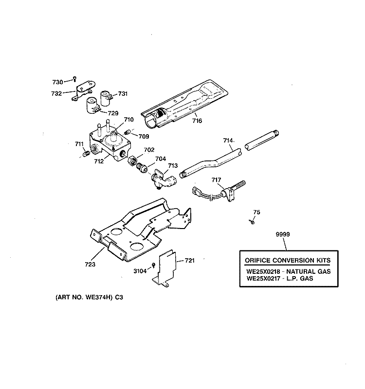 GAS VALVE & BURNER ASSEMBLY Diagram and Parts List for BWXR473GT5AA  General Electric Dryer