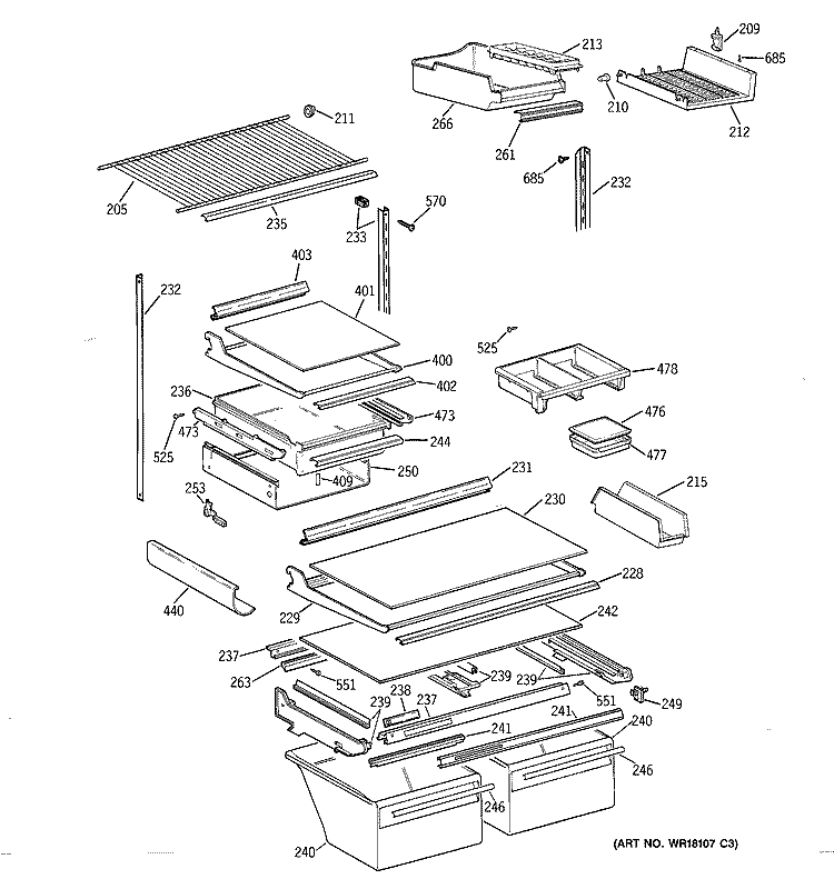 SHELF PARTS Diagram and Parts List for TBE19PASNRWW  General Electric Refrigerator