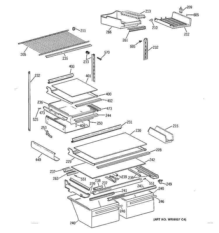 SHELF PARTS Diagram and Parts List for TBC19PASMRWW  General Electric Refrigerator