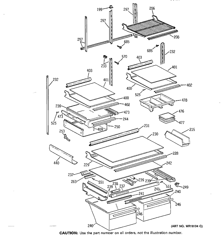 SHELF PARTS Diagram and Parts List for TBE22PCSPRAA  General Electric Refrigerator