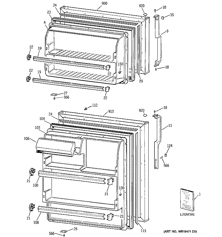 DOORS Diagram and Parts List for GTT16BBMDRCC  General Electric Refrigerator