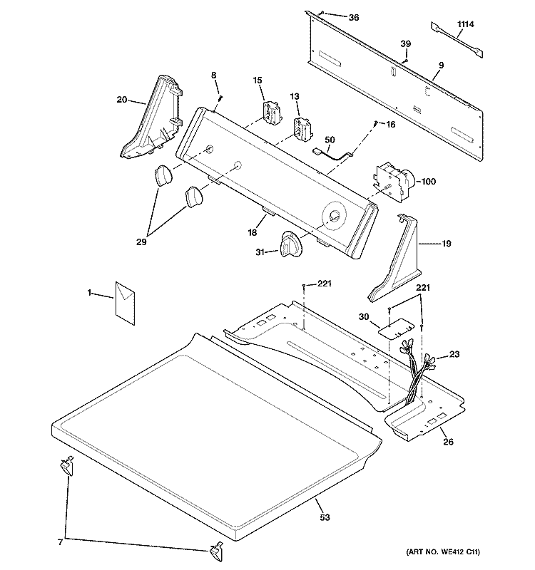 CONTROLS & TOP PANEL Diagram and Parts List for DBL333EB0CC  General Electric Dryer
