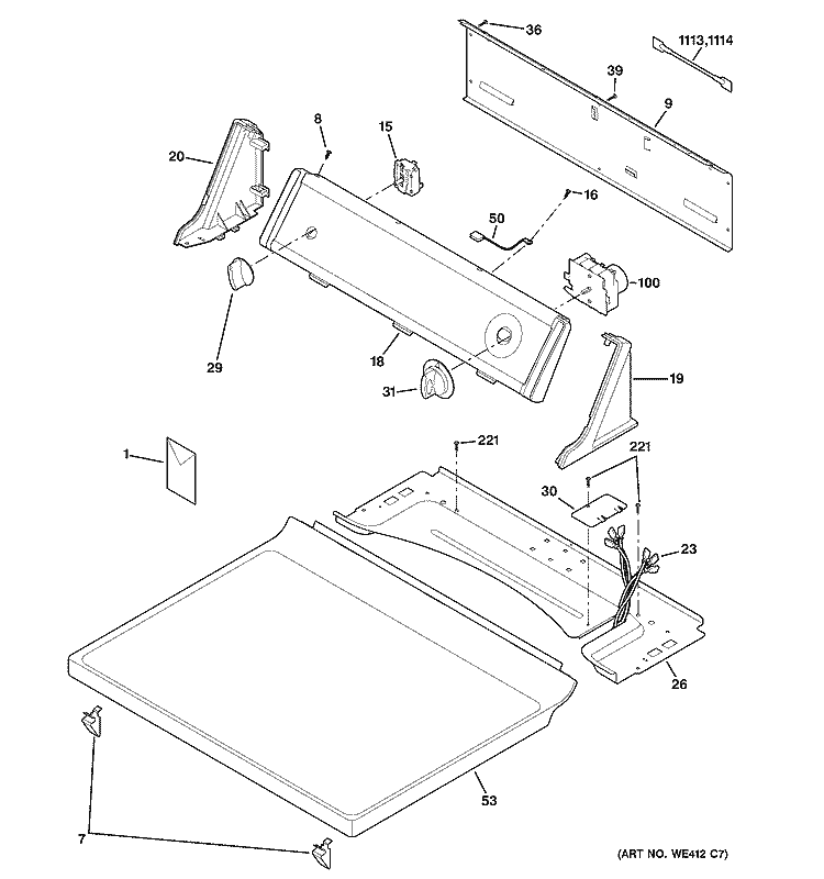 CONTROLS & TOP PANEL Diagram and Parts List for DCL333EB0CC  General Electric Dryer